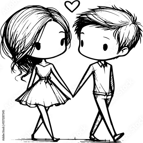 Loving stroll: A couple in cartoon form strolls hand-in-hand, a heart symbol hovering above them, capturing the essence of love, intimacy, and connection.