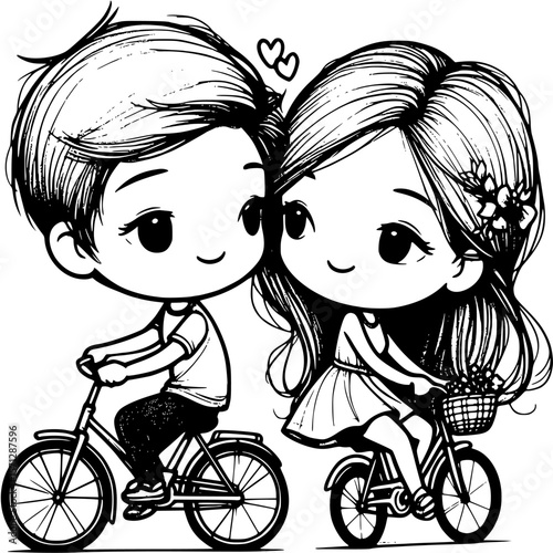 Couple's Bicycle Ride: A cute illustration of a couple enjoying a bicycle ride, sharing a sweet moment and celebrating their bond. Capturing the essence of togetherness, love, and shared experiences.