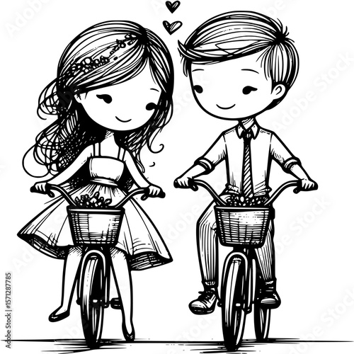 Romantic Bike Ride: A delightful illustration captures a couple on a whimsical bike ride, celebrating love and companionship. The couple, with hearts overhead.