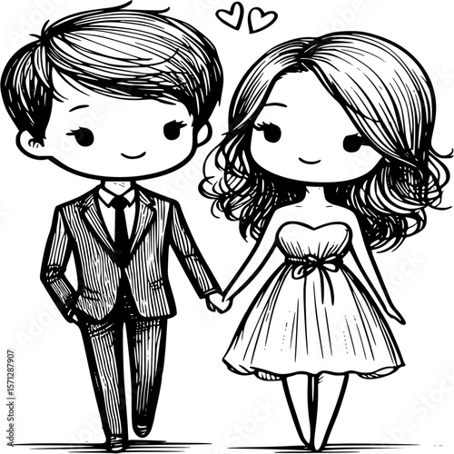 Lovely Couple: Artistic illustration depicts a cute couple in love, holding hands and walking together with hearts floating above them. This monochrome design celebrates the bond of companionship.