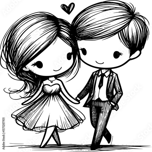 Sweethearts Embrace: A charming illustration depicts a couple, hand-in-hand, with hearts and smiles. perfect for conveying love and companionship. 