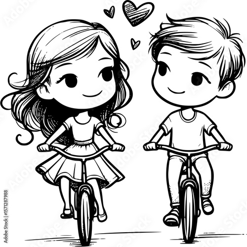 Cycling Sweethearts: A charming monochrome illustration captures a couple, deeply in love, joyfully cycling, their hearts intertwined in a symbol of enduring affection.