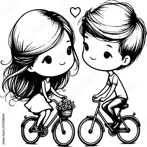 Couple's Bicycle Ride with Love: A heartwarming black and white illustration of a couple enjoying a romantic bicycle ride, a symbol of togetherness and love with a heart hovering above.