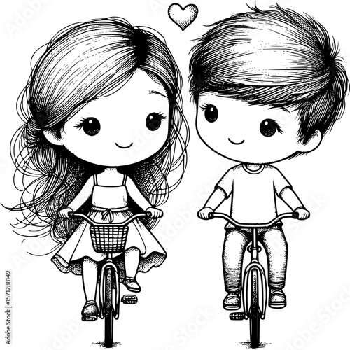 Cycling Couple in Love: An adorable pair of illustrated figures, a girl and a boy, cycle together on bicycles, connected by a shared heart, perfectly depicting the sweet innocence of young love.