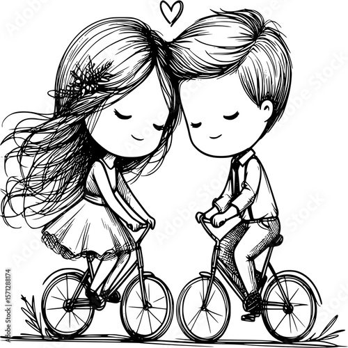 Romantic Bike Ride: A charming illustration depicts a couple riding bicycles, with an innocent and heartwarming display of affection. capturing the simplicity of young love and shared experiences.