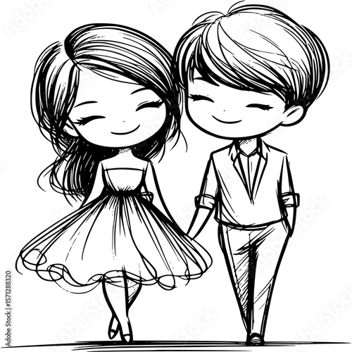 Sweethearts' Stroll: A charming illustration of a couple, hand in hand, walking forward together with smiles, embodying the essence of love and companionship. 