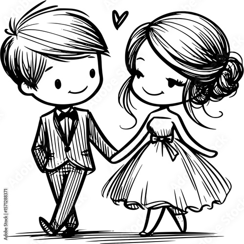 Love's Gentle Embrace: Charming couple holding hands, a heartwarming moment of love, loyalty, and togetherness. a beautiful illustration of a couple walking together with a heart above.