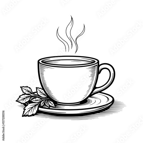 Cup of steaming soup with herbs, liquid nutrition coloring page