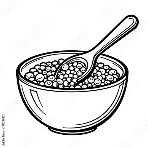 Line art bowl of lentils with spoon, plant protein copyspace coloring page