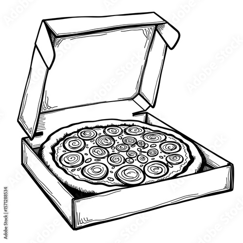 Black and white cauliflower pizza in box, healthy diet illustration