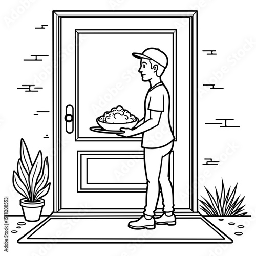 Person delivering food to doorstep, contactless service health safety, copyspace
