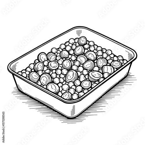 Baked vegetables and chickpeas in tray, coloring page outline