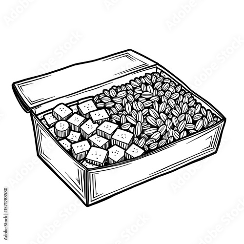 Black and white meal box with tofu and rice, vegan lunch illustration