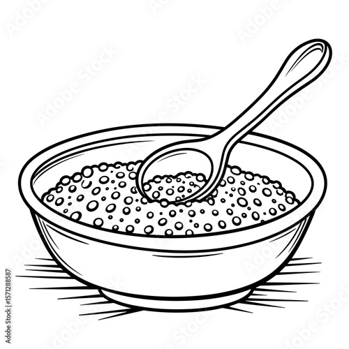 Wooden spoon with bowl of grains coloring page, clean eating, minimalistic design