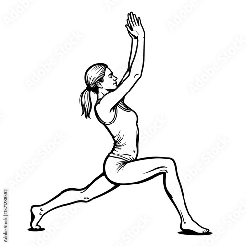 Person in lunge pose with arms raised, yoga stretch black and white illustration