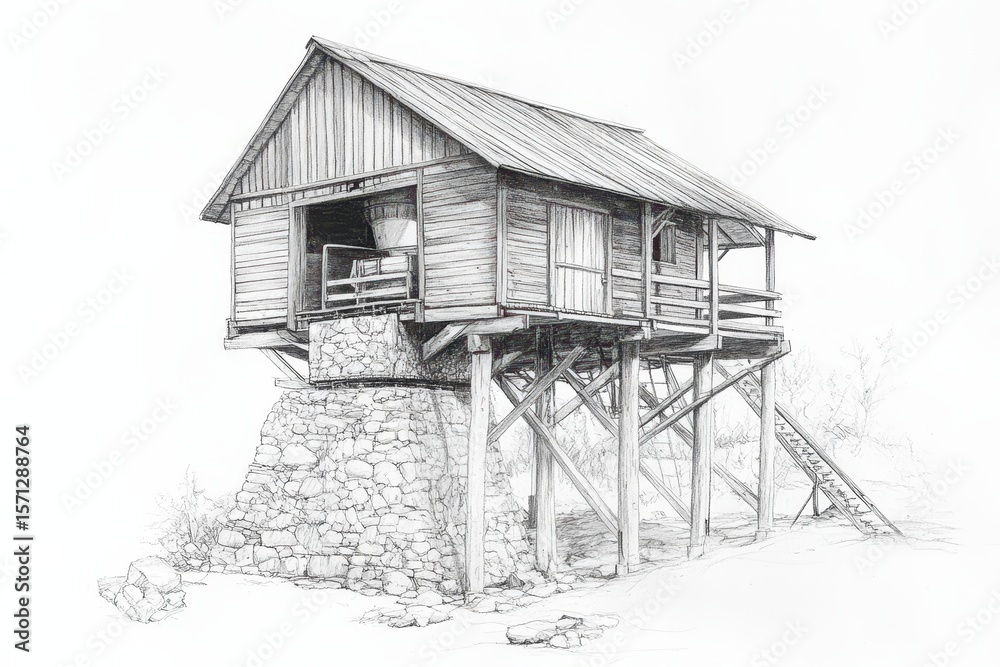 Obraz premium Hand-drawn architectural sketch of a rural hydro-powered sawmill with stone foundation and timber housing. Pencil style illustration on white.