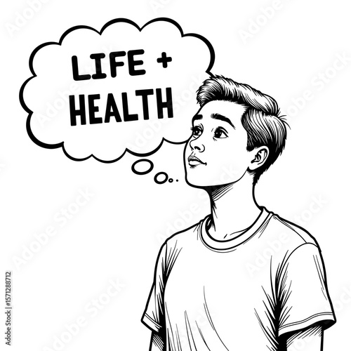Young adult with life and health thought bubble, planning and awareness illustration