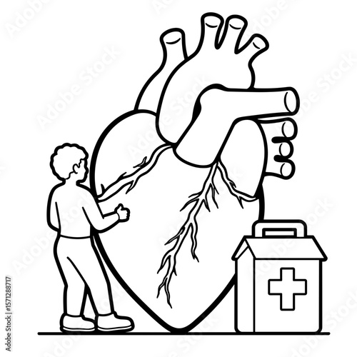 Person with giant heart and first aid kit, personal health safety illustration