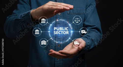 Photo of a businessman presents the public sector with icons representing government services and institutions