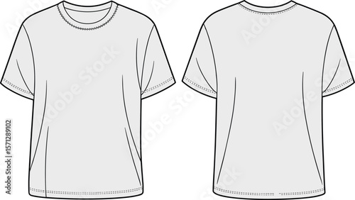 Basic oversized t-shirt flat sketch, front and back view, fashion vector template, loose fit short sleeve crew neck shirt