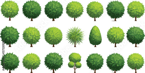 Vector set of green ornamental trees, round topiary trees, decorative garden foliage, cartoon style tree illustrations for landscape and eco design