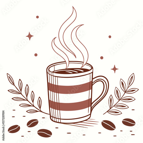 Illustration of a striped coffee mug with steam rising surrounded by coffee beans and leaf sprigs