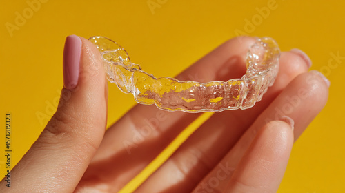 A hand holding a clear plastic dental aligner against a bright yellow background