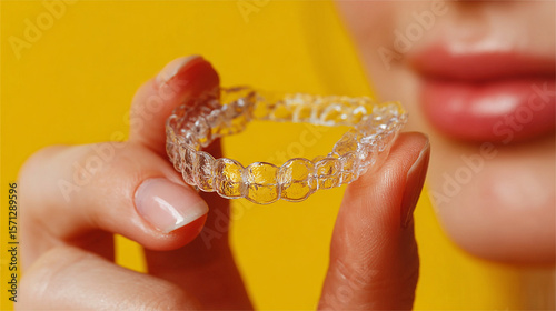 Close up of a hand holding a clear aligner with a yellow background and pink lips