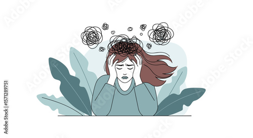 Anxiety overwhelmed person feeling stressed holding head with tangled thoughts over brain