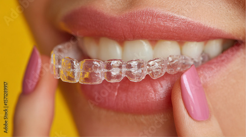 A close up of a woman putting in her clear aligners for teeth straightening treatment