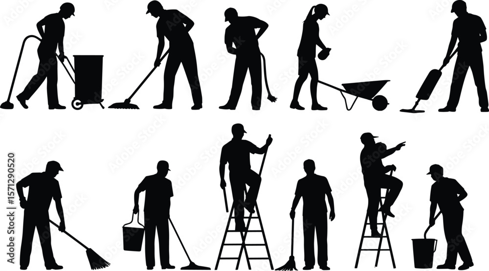Obraz premium Silhouette workers performing cleaning, construction, lifting, sweeping, and maintenance tasks, vector illustration of male and female labor actions