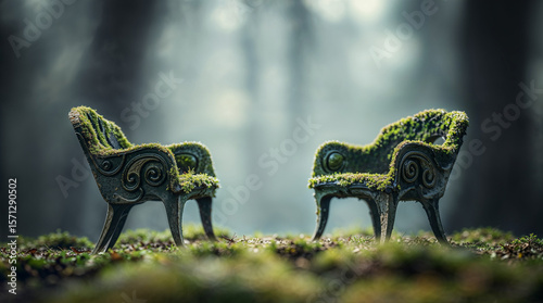 Two intricately designed chairs covered in soft green moss, placed opposite each other in a misty forest setting