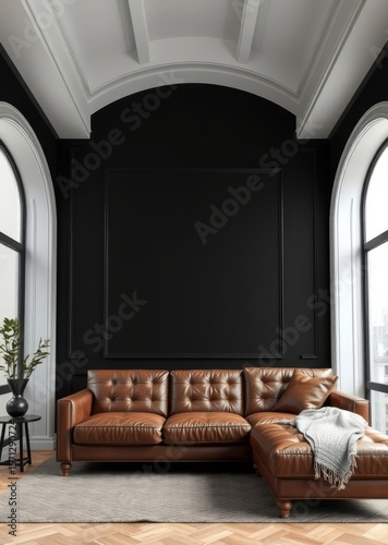 Wallpaper Mural Stylish interior of living room with design brown armchair wooden bookcase pendant lamp carpet decor picture frames and elegant personal accessories in modern retro home decor template Empty roo Torontodigital.ca