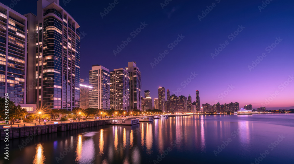 Obraz premium Stunning city skyline at dusk, showcasing modern architecture and vibrant reflections on water. scene evokes tranquility and beauty