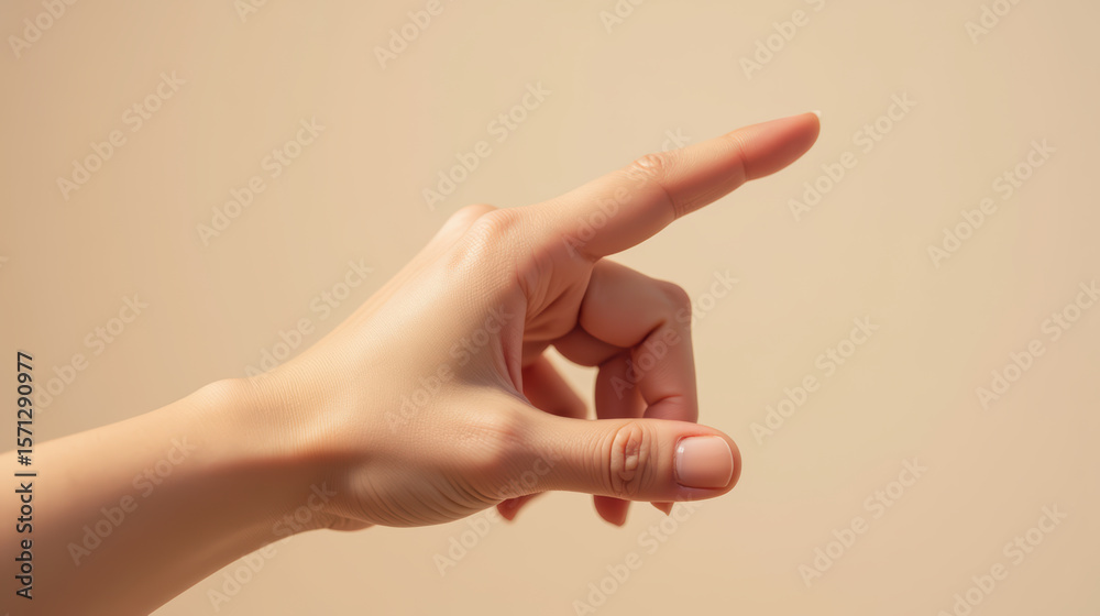Naklejka premium Hand with pointed finger gestures towards something, showcasing natural skin tone and well groomed nails against soft, neutral background