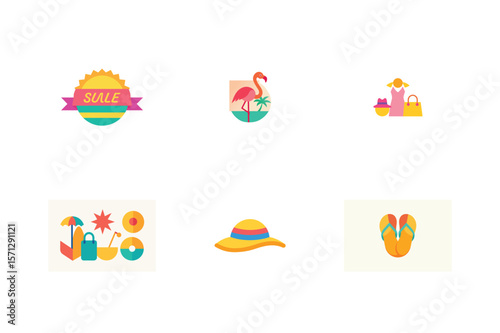 Colorful Summer Icons Depicting Sales, Vacation, Beach, and Relaxation Activities in a Flat Design Style