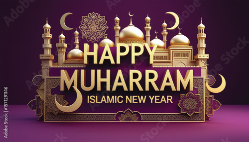 happy Muharram art greetings with golden mosque background wallpaper. abstract vector illustration design.
