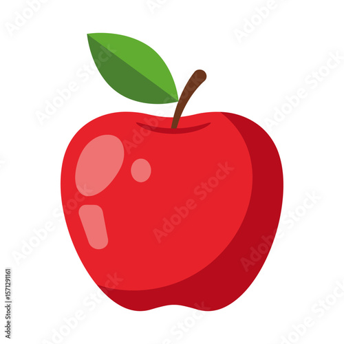 Vector illustration of a fresh red apple with a green leaf on a white background. Perfect for food and drink designs, healthy lifestyle promotions, juice and snack packaging, and kitchen decor.