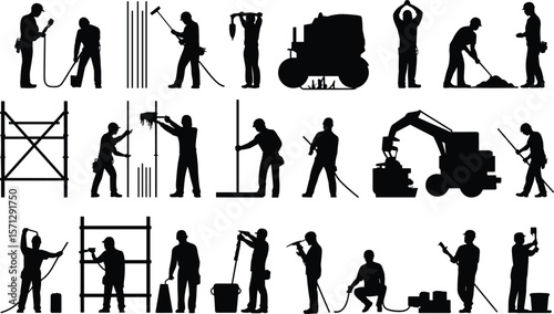 Silhouettes of construction workers using tools, machinery and scaffolding, industrial labor team, building and maintenance, professional site work activities