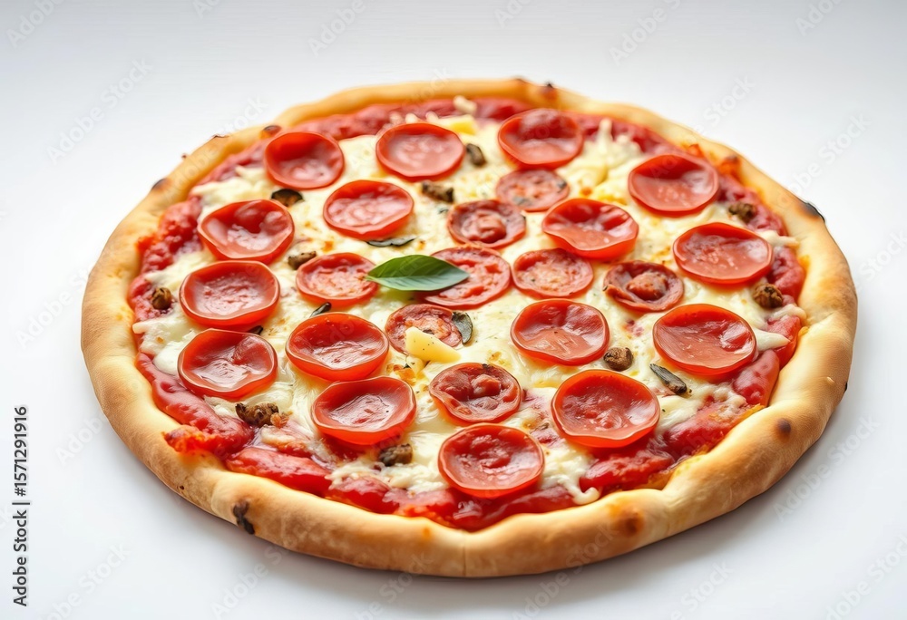 A delicious pepperoni pizza on a white background, showcasing its cheesy and meaty toppings, background, crust A delicious pepperoni pizza on a white background, showcasing its cheesy and meaty toppings, background, crust
