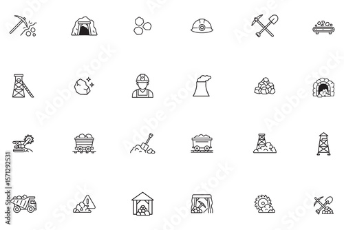 Mining industry line icon set, simple outline symbols of coal extraction, quarry and geology, vector icons collection