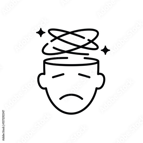 Stylized head with dizzying swirls and stars representing confusion or mental distress