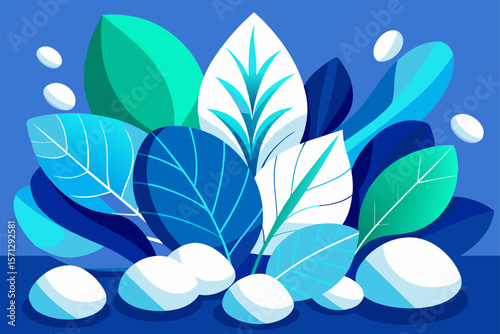 Stylized Blue and Green Leaves with White Ovals stylized leaves