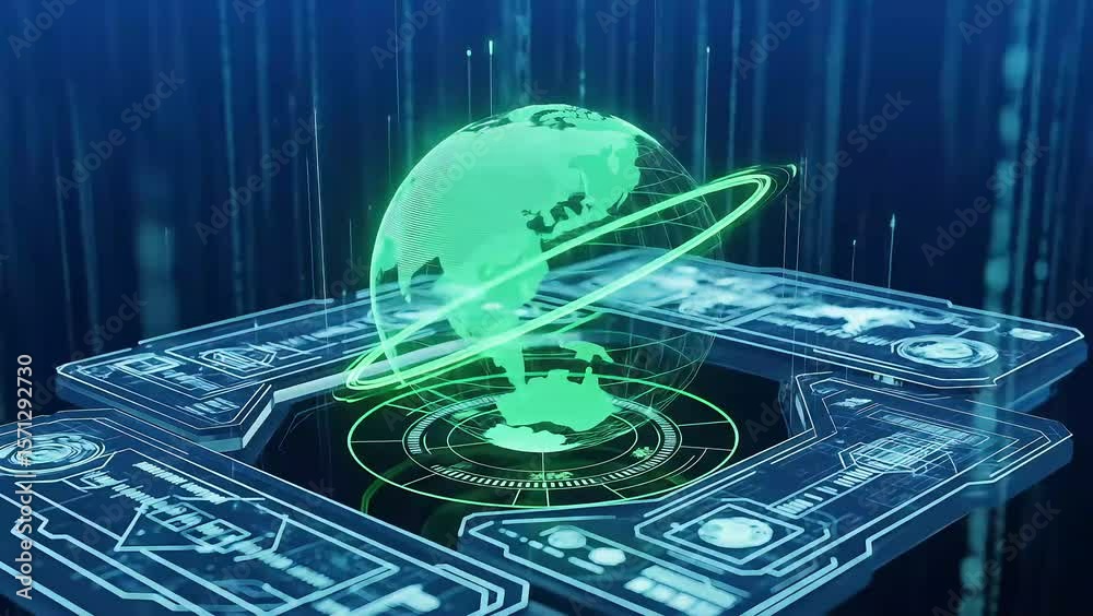 Global Data Network: Digital Earth Hologram with Futuristic UI Display and Binary Code Background - Illustrates Global Connectivity and Technology Innovation (117 karakter)
