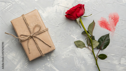 Flatlay Kraft Paper Gift Box Tied with Twine Red Rose and Red Heart Mark on Gray Textured Background