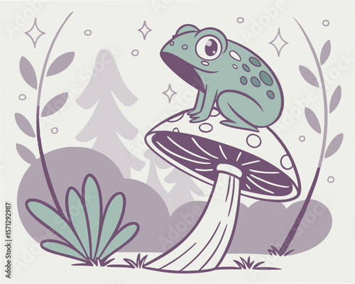 Hand drawn Cottagecore Aesthetic Goblincore Frog sitting on Mushroom