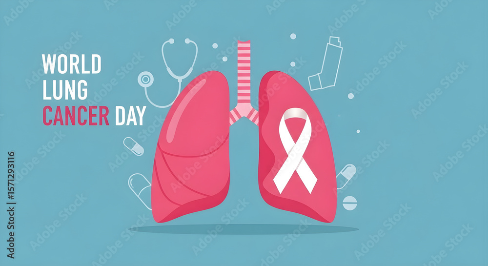 Obraz premium World Lung Cancer Day Medical Illustration – Lungs, White Ribbon, and Healthcare Symbols