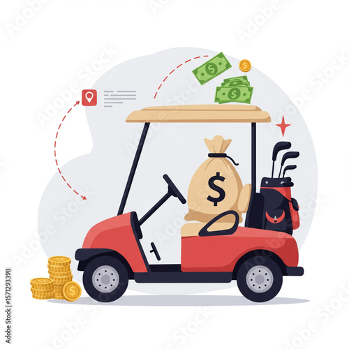 Golf Cart with Money Bag: Recreational Transport Tax Concept, Isolated Vector.