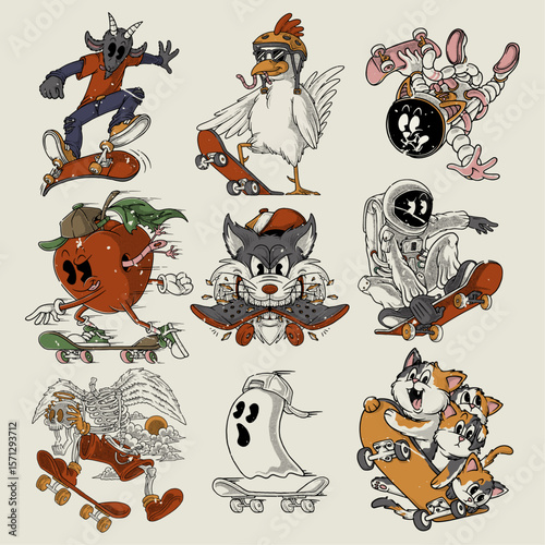 retro cartoon skateboarding mascot bundle 
