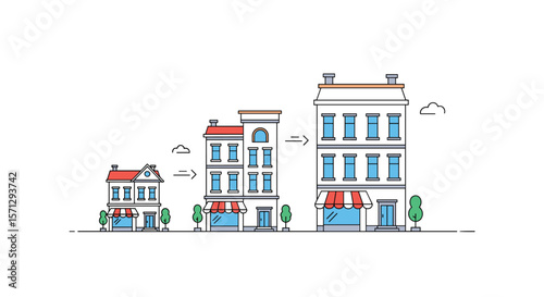Illustrating business growth from a small structure to a large building with multiple floors and windows